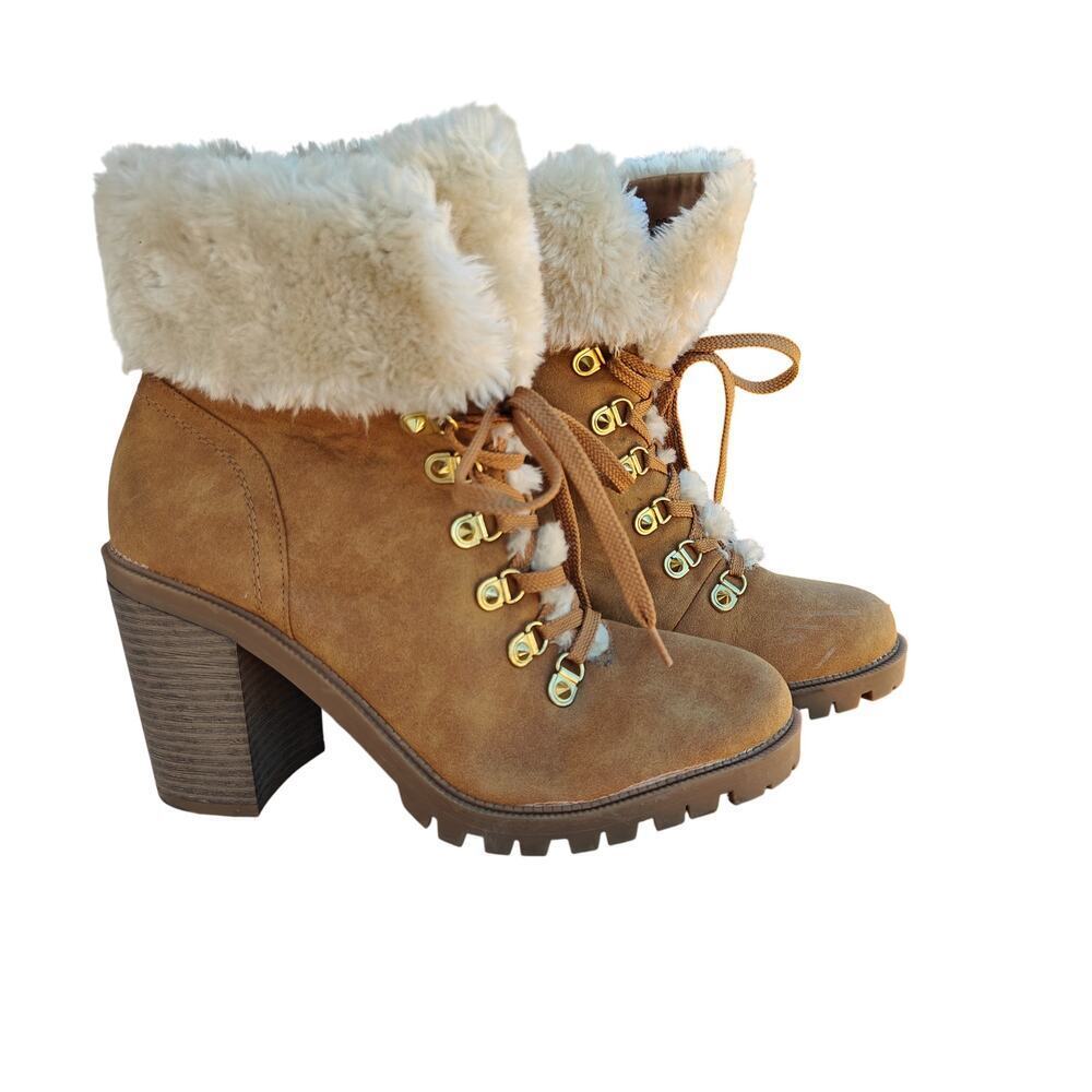 G by Guess Faux Fur Lace Up Ankle Boots Heeled Lug Sole Winter 10
